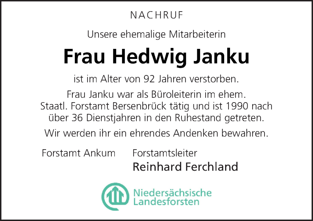  Traueranzeige für Hedwig Janku vom 26.11.2022 aus Neue Osnabrücker Zeitung GmbH & Co. KG