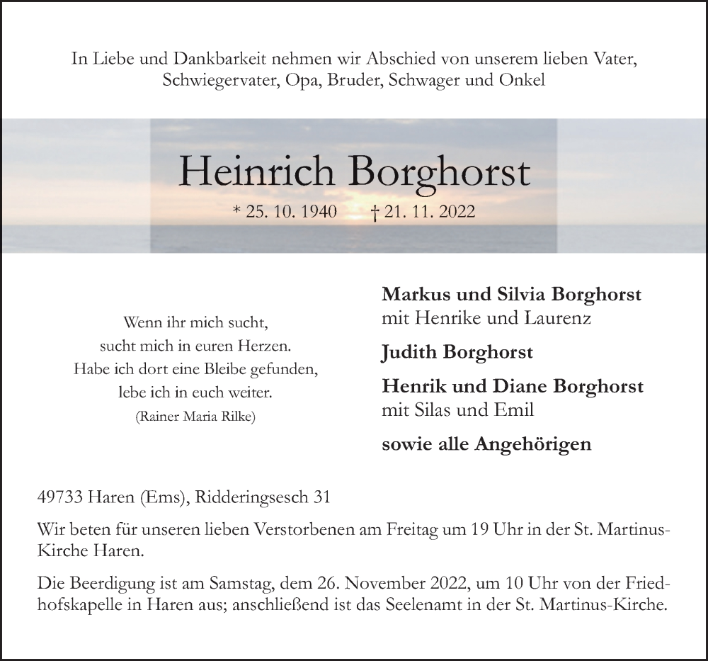 Traueranzeige für Heinrich Borghorst vom 23.11.2022 aus Neue Osnabrücker Zeitung GmbH & Co. KG