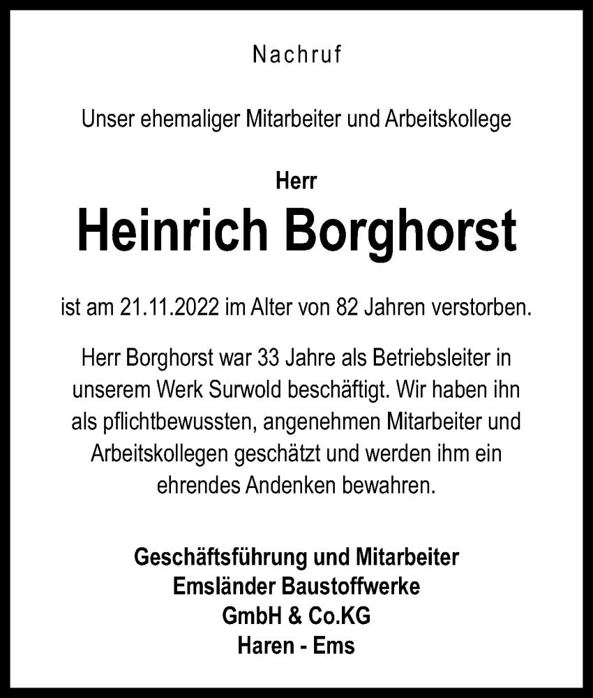  Traueranzeige für Heinrich Borghorst vom 26.11.2022 aus Neue Osnabrücker Zeitung GmbH & Co. KG