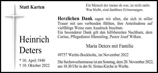 Traueranzeige von Heinrich Deters von Neue Osnabrücker Zeitung GmbH & Co. KG