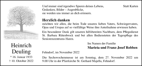 Traueranzeige von Heinrich Deuling von Neue Osnabrücker Zeitung GmbH & Co. KG