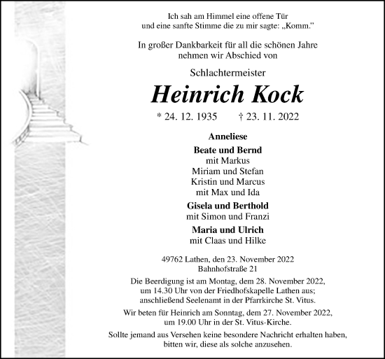 Traueranzeige von Heinrich Kock von Neue Osnabrücker Zeitung GmbH & Co. KG