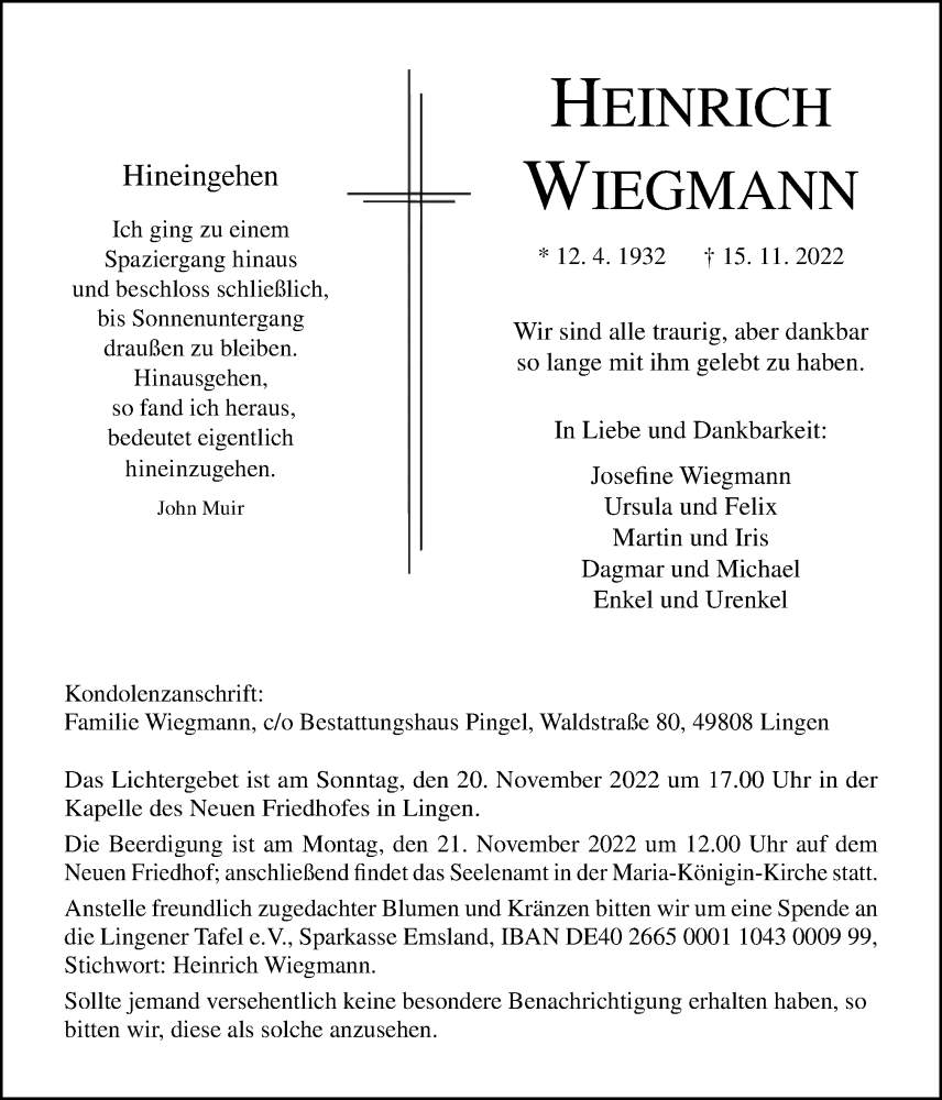  Traueranzeige für Heinrich Wiegmann vom 18.11.2022 aus Neue Osnabrücker Zeitung GmbH & Co. KG