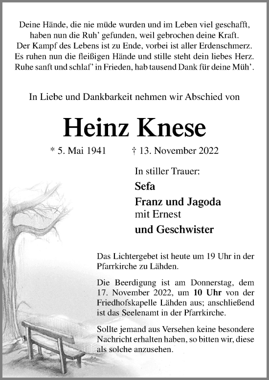 Traueranzeige von Heinz Knese von Neue Osnabrücker Zeitung GmbH & Co. KG