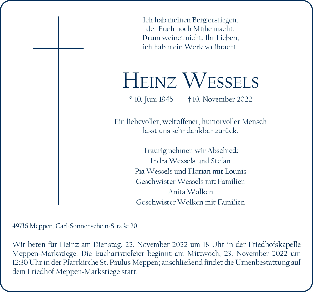  Traueranzeige für Heinz Wessels vom 16.11.2022 aus Neue Osnabrücker Zeitung GmbH & Co. KG