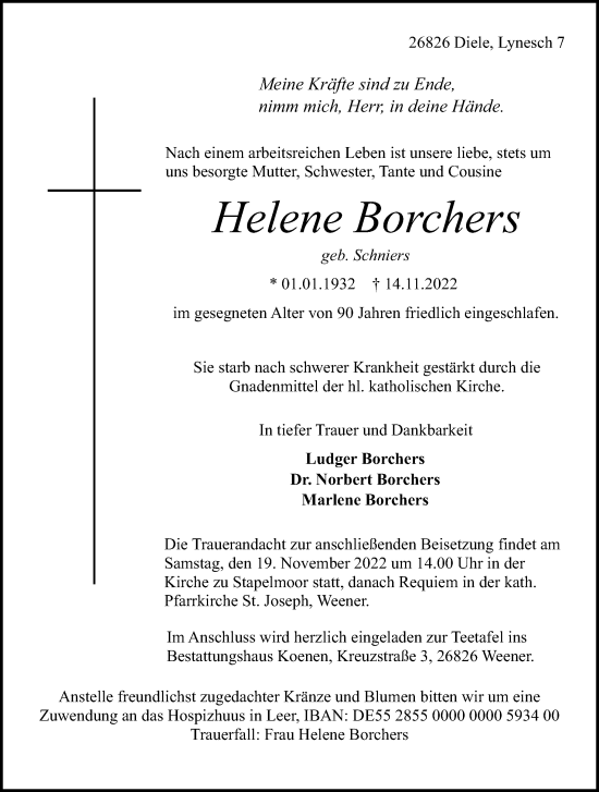 Traueranzeige von Helene Borchers von Neue Osnabrücker Zeitung GmbH & Co. KG