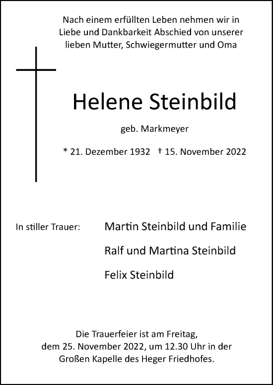 Traueranzeige von Helene Steinbild von Neue Osnabrücker Zeitung GmbH & Co. KG