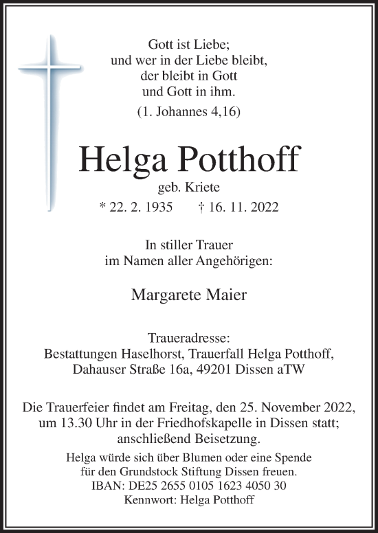 Traueranzeige von Helga Potthoff von Neue Osnabrücker Zeitung GmbH & Co. KG