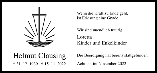 Traueranzeige von Helmut Clausing von Neue Osnabrücker Zeitung GmbH & Co. KG