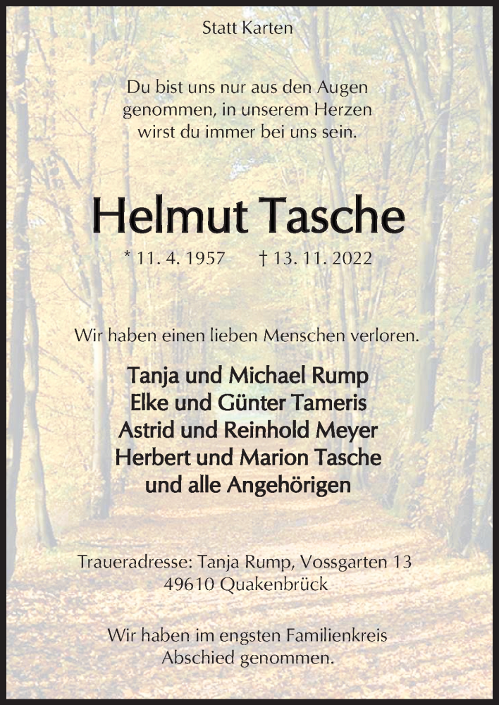  Traueranzeige für Helmut Tasche vom 21.11.2022 aus Neue Osnabrücker Zeitung GmbH & Co. KG