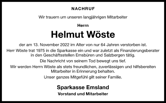 Traueranzeige von Helmut Wöste von Neue Osnabrücker Zeitung GmbH & Co. KG