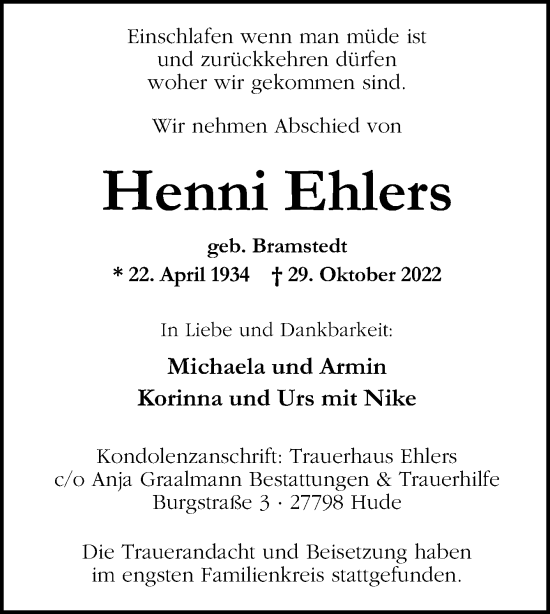 Traueranzeige von Henni Ehlers von DK Medien GmbH & Co. KG