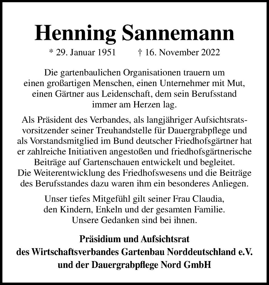  Traueranzeige für Henning Sannemann vom 19.11.2022 aus Neue Osnabrücker Zeitung GmbH & Co. KG