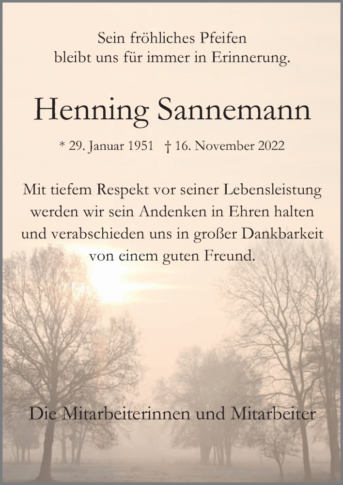  Traueranzeige für Henning Sannemann vom 19.11.2022 aus Neue Osnabrücker Zeitung GmbH & Co. KG