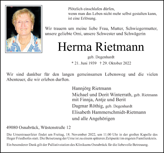 Traueranzeige von Herma Rietmann von Neue Osnabrücker Zeitung GmbH & Co. KG