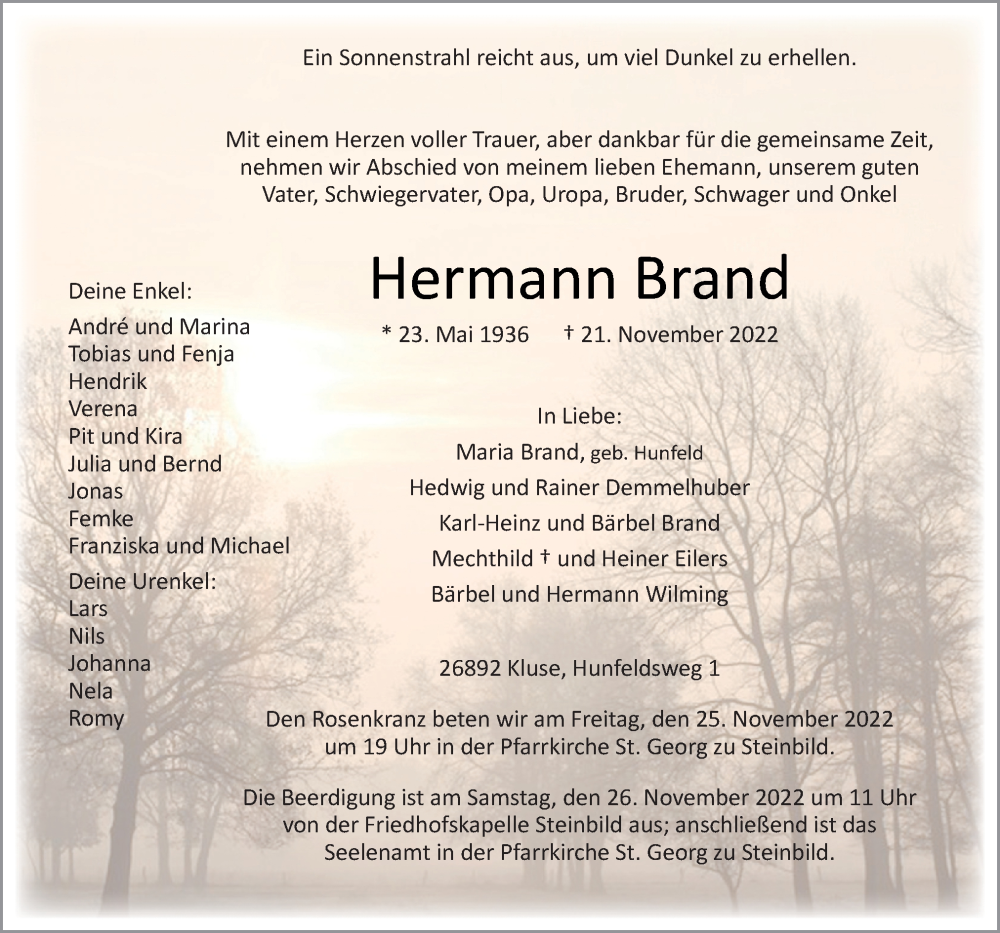  Traueranzeige für Hermann Brand vom 24.11.2022 aus Neue Osnabrücker Zeitung GmbH & Co. KG