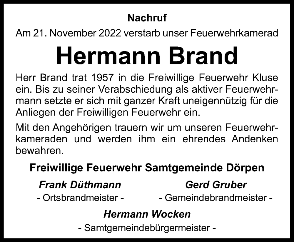  Traueranzeige für Hermann Brand vom 26.11.2022 aus Neue Osnabrücker Zeitung GmbH & Co. KG