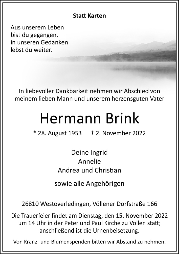  Traueranzeige für Hermann Brink vom 05.11.2022 aus Neue Osnabrücker Zeitung GmbH & Co. KG