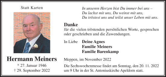 Traueranzeige von Hermann Meiners von Neue Osnabrücker Zeitung GmbH & Co. KG