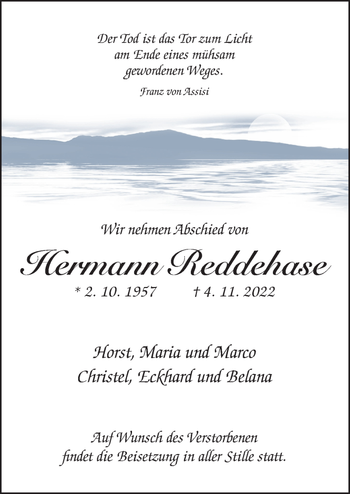  Traueranzeige für Hermann Reddehase vom 09.11.2022 aus Neue Osnabrücker Zeitung GmbH & Co. KG