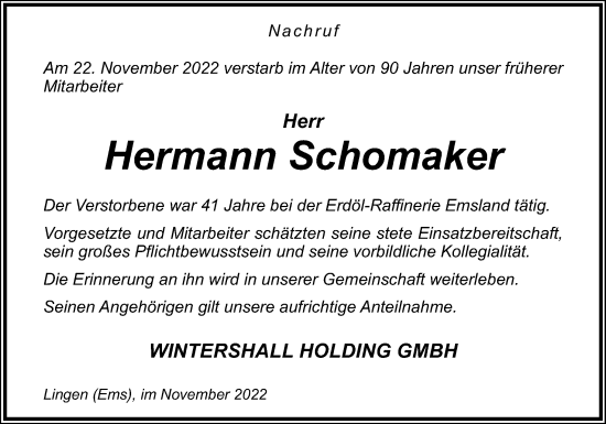 Traueranzeige von Hermann Schomaker von Neue Osnabrücker Zeitung GmbH & Co. KG