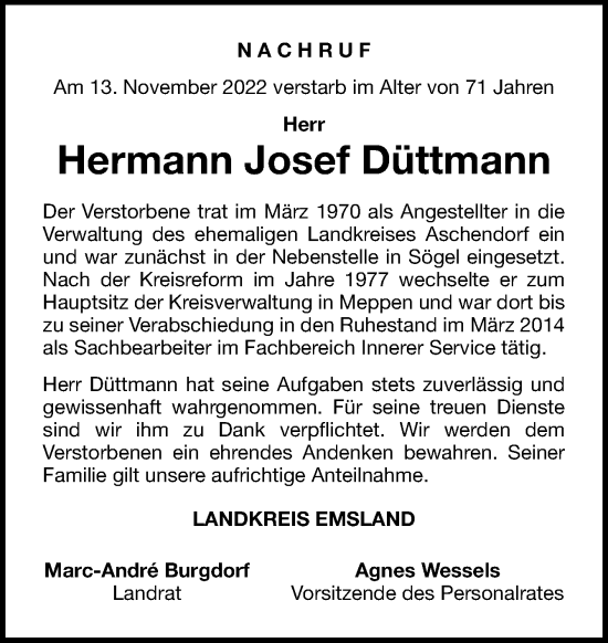Traueranzeige von Hermann Josef Düttmann von Neue Osnabrücker Zeitung GmbH & Co. KG