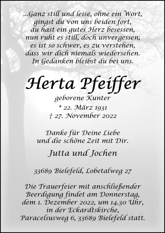 Traueranzeige von Herta Pfeiffer von Neue Osnabrücker Zeitung GmbH & Co. KG