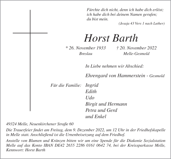 Traueranzeige von Horst Barth von Neue Osnabrücker Zeitung GmbH & Co. KG