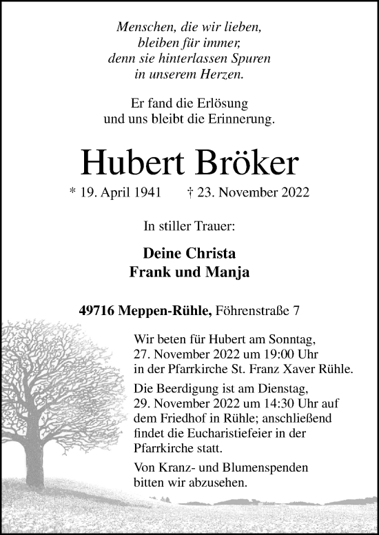Traueranzeige von Hubert Bröker von Neue Osnabrücker Zeitung GmbH & Co. KG