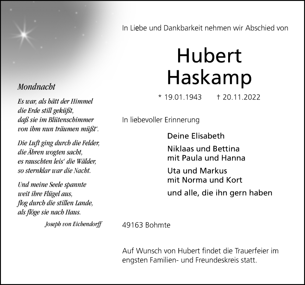  Traueranzeige für Hubert Haskamp vom 26.11.2022 aus Neue Osnabrücker Zeitung GmbH & Co. KG