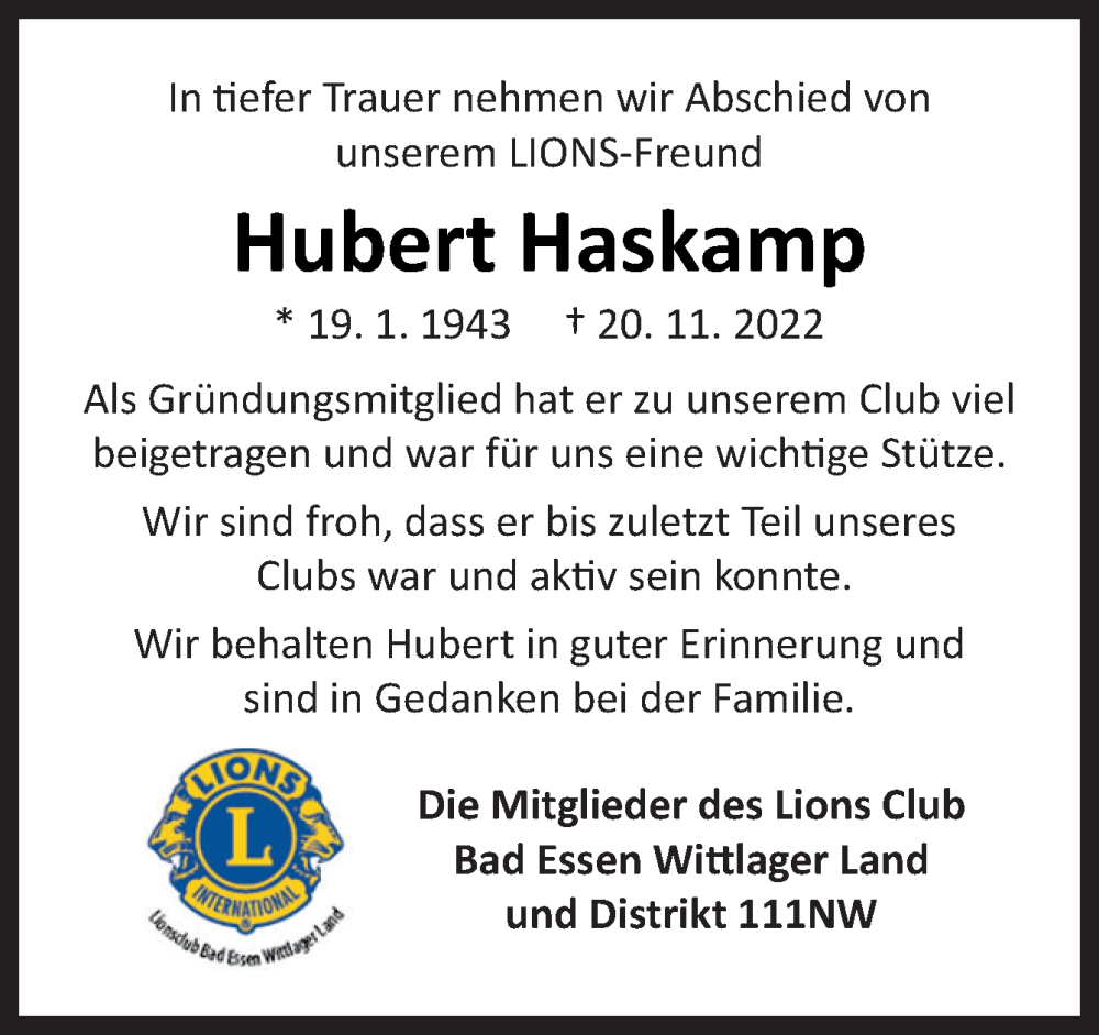  Traueranzeige für Hubert Haskamp vom 28.11.2022 aus Neue Osnabrücker Zeitung GmbH & Co. KG