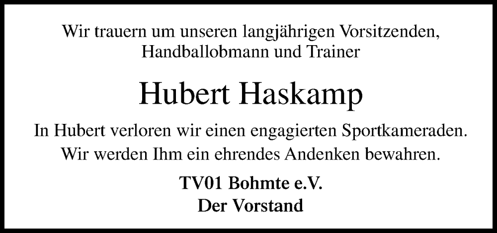  Traueranzeige für Hubert Haskamp vom 29.11.2022 aus Neue Osnabrücker Zeitung GmbH & Co. KG