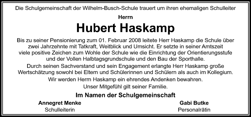  Traueranzeige für Hubert Haskamp vom 30.11.2022 aus Neue Osnabrücker Zeitung GmbH & Co. KG