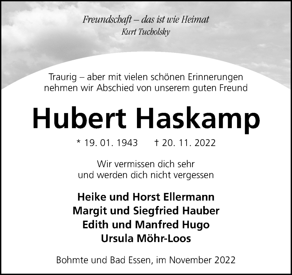  Traueranzeige für Hubert Haskamp vom 29.11.2022 aus Neue Osnabrücker Zeitung GmbH & Co. KG