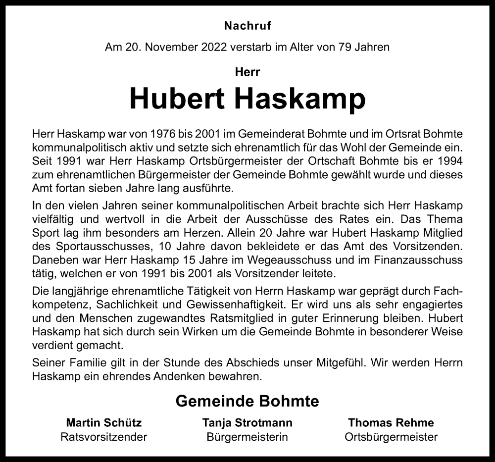  Traueranzeige für Hubert Haskamp vom 28.11.2022 aus Neue Osnabrücker Zeitung GmbH & Co. KG