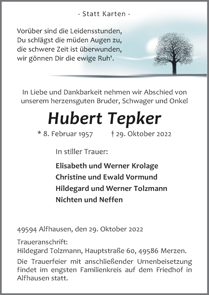  Traueranzeige für Hubert Tepker vom 05.11.2022 aus Neue Osnabrücker Zeitung GmbH & Co. KG