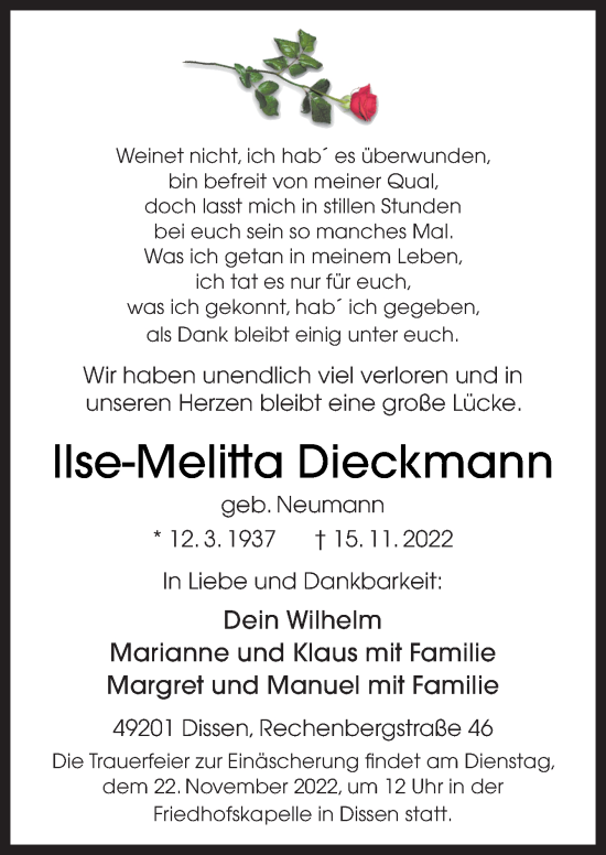 Traueranzeige von Ilse-Melitta Dieckmann von Neue Osnabrücker Zeitung GmbH & Co. KG