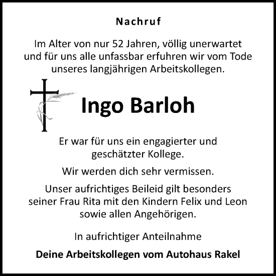 Traueranzeige von Ingo Barloh von Neue Osnabrücker Zeitung GmbH & Co. KG