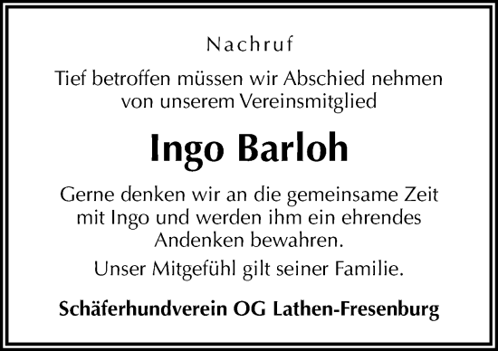 Traueranzeige von Ingo Barloh von Neue Osnabrücker Zeitung GmbH & Co. KG