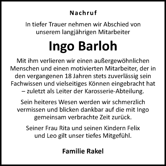 Traueranzeige von Ingo Barloh von Neue Osnabrücker Zeitung GmbH & Co. KG