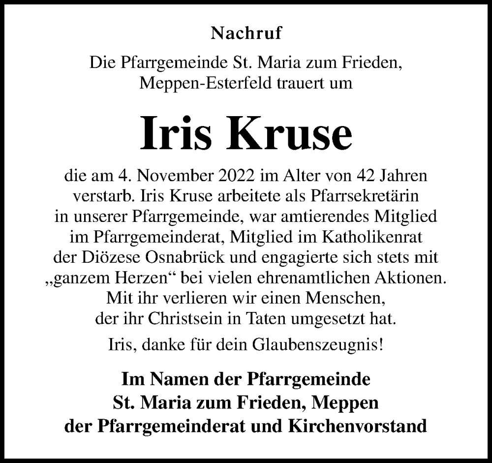  Traueranzeige für Iris Kruse vom 17.11.2022 aus Neue Osnabrücker Zeitung GmbH & Co. KG