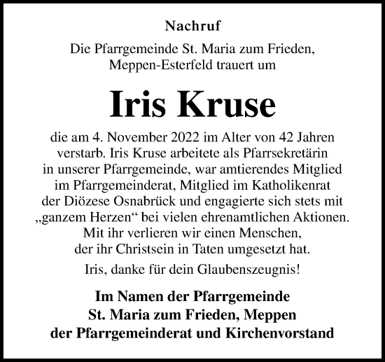 Traueranzeige von Iris Kruse von Neue Osnabrücker Zeitung GmbH & Co. KG