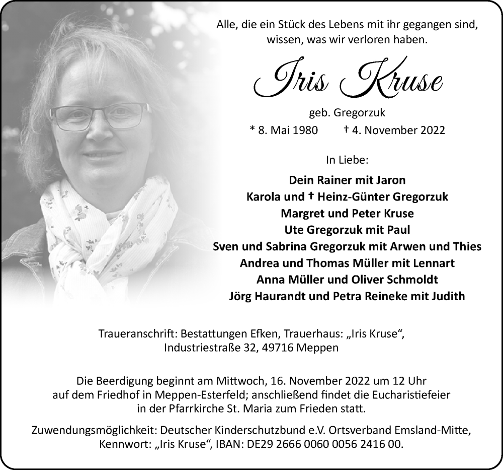  Traueranzeige für Iris Kruse vom 12.11.2022 aus Neue Osnabrücker Zeitung GmbH & Co. KG