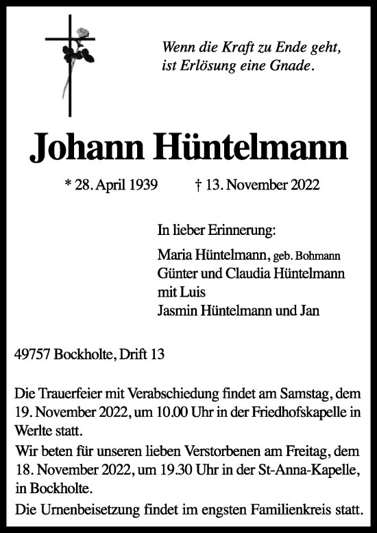 Traueranzeige von Johann Hüntelmann von Neue Osnabrücker Zeitung GmbH & Co. KG
