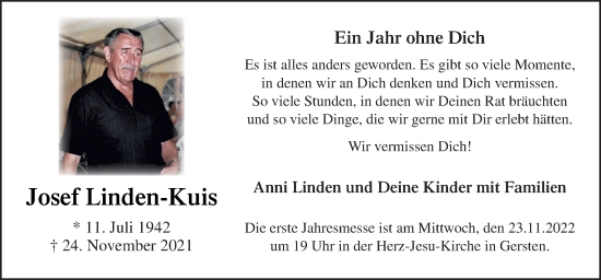 Traueranzeige von Josef Linden-Kuis von Neue Osnabrücker Zeitung GmbH & Co. KG