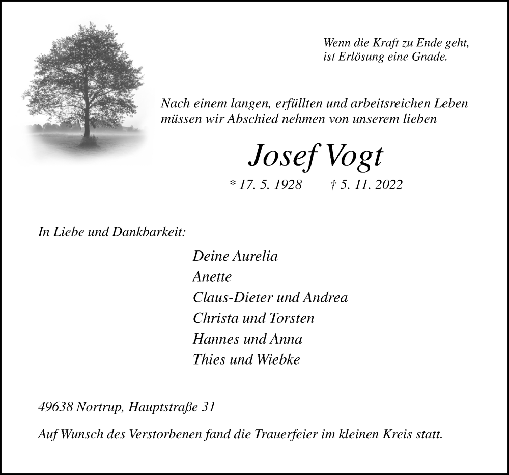  Traueranzeige für Josef Vogt vom 15.11.2022 aus Neue Osnabrücker Zeitung GmbH & Co. KG