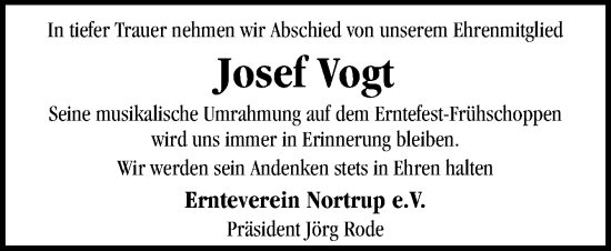 Traueranzeige von Josef Vogt von Neue Osnabrücker Zeitung GmbH & Co. KG