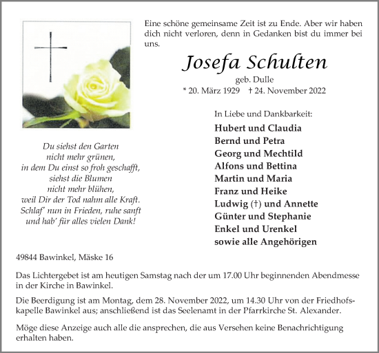 Traueranzeige von Josefa Schulten von Neue Osnabrücker Zeitung GmbH & Co. KG