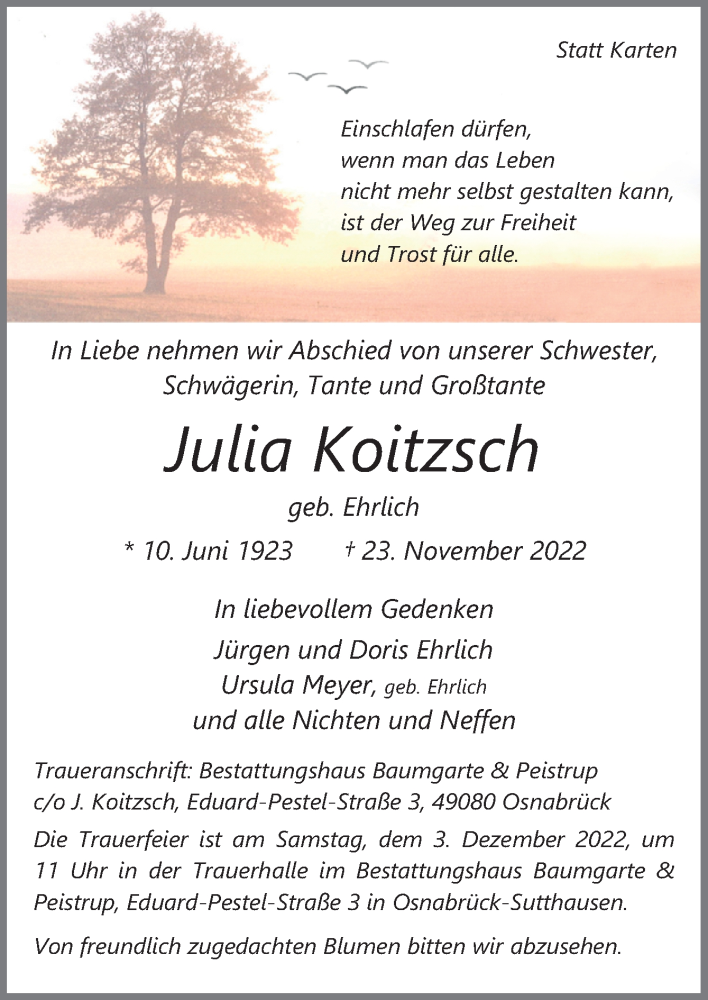  Traueranzeige für Julia Koitzsch vom 26.11.2022 aus Neue Osnabrücker Zeitung GmbH & Co. KG