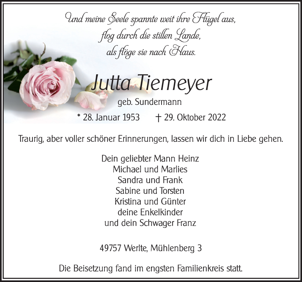  Traueranzeige für Jutta Tiemeyer vom 05.11.2022 aus Neue Osnabrücker Zeitung GmbH & Co. KG